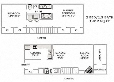 Floor plan for 2 beds, 1.5 baths, 1012 sqft
